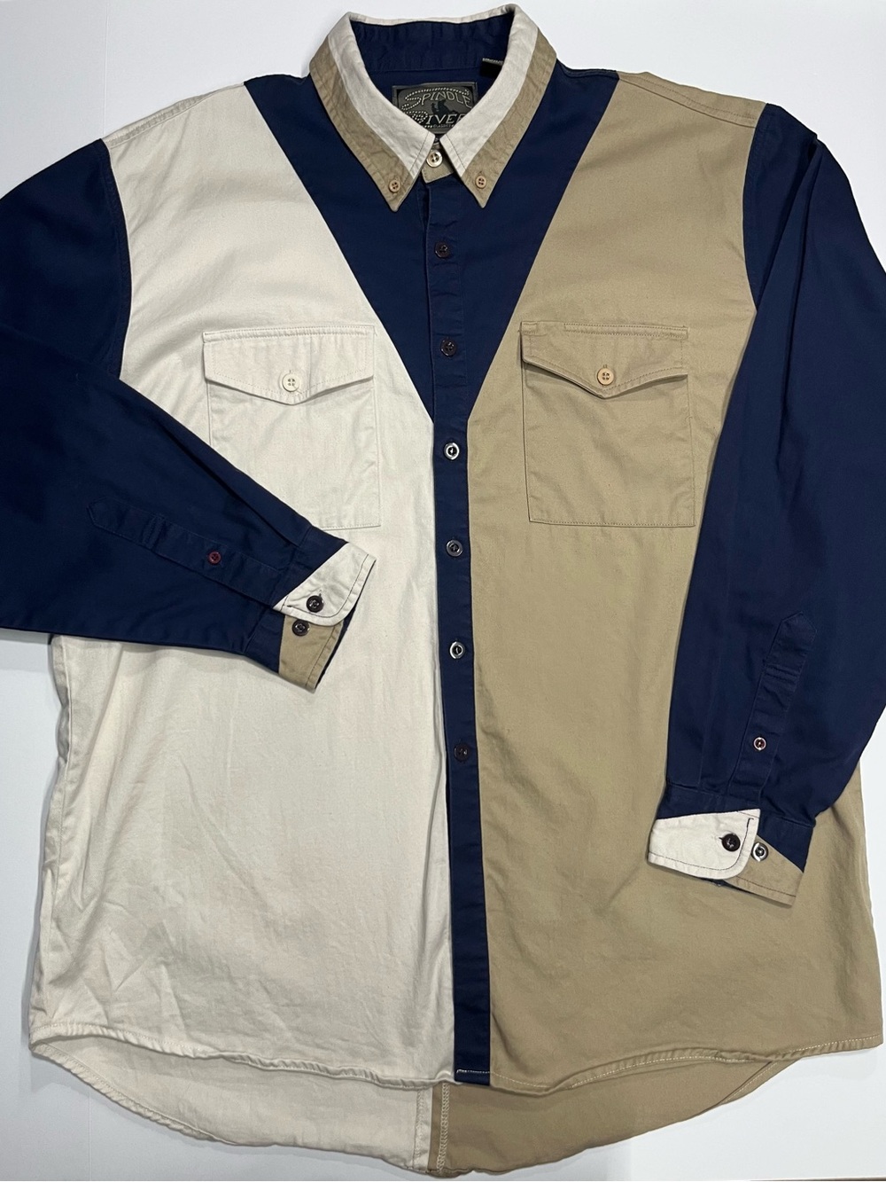 Vintage Western 90’s Men's Colorblock Button-Down Shirt in Navy, Beige & Cream
